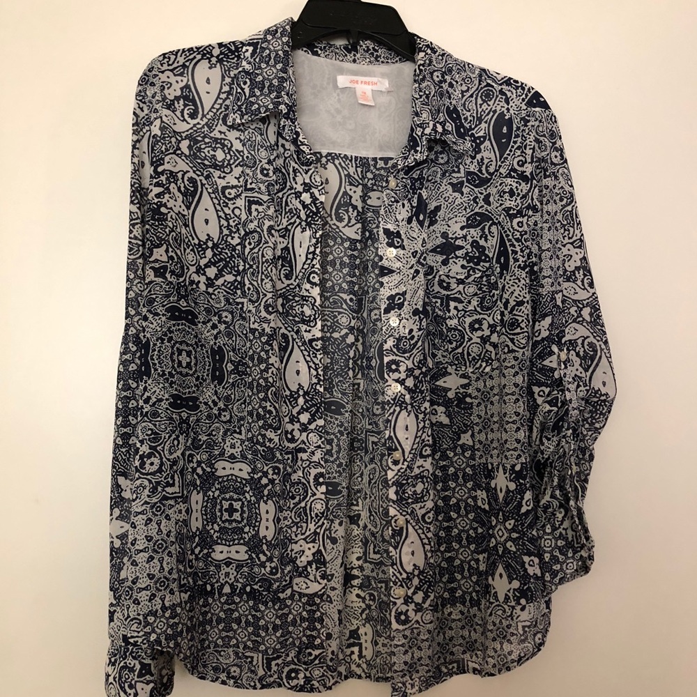 Navy and white paisley button down shirt